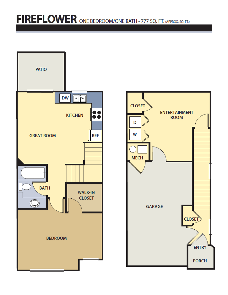 Floor plan for 1 bed, 1 bath, 777 sqft